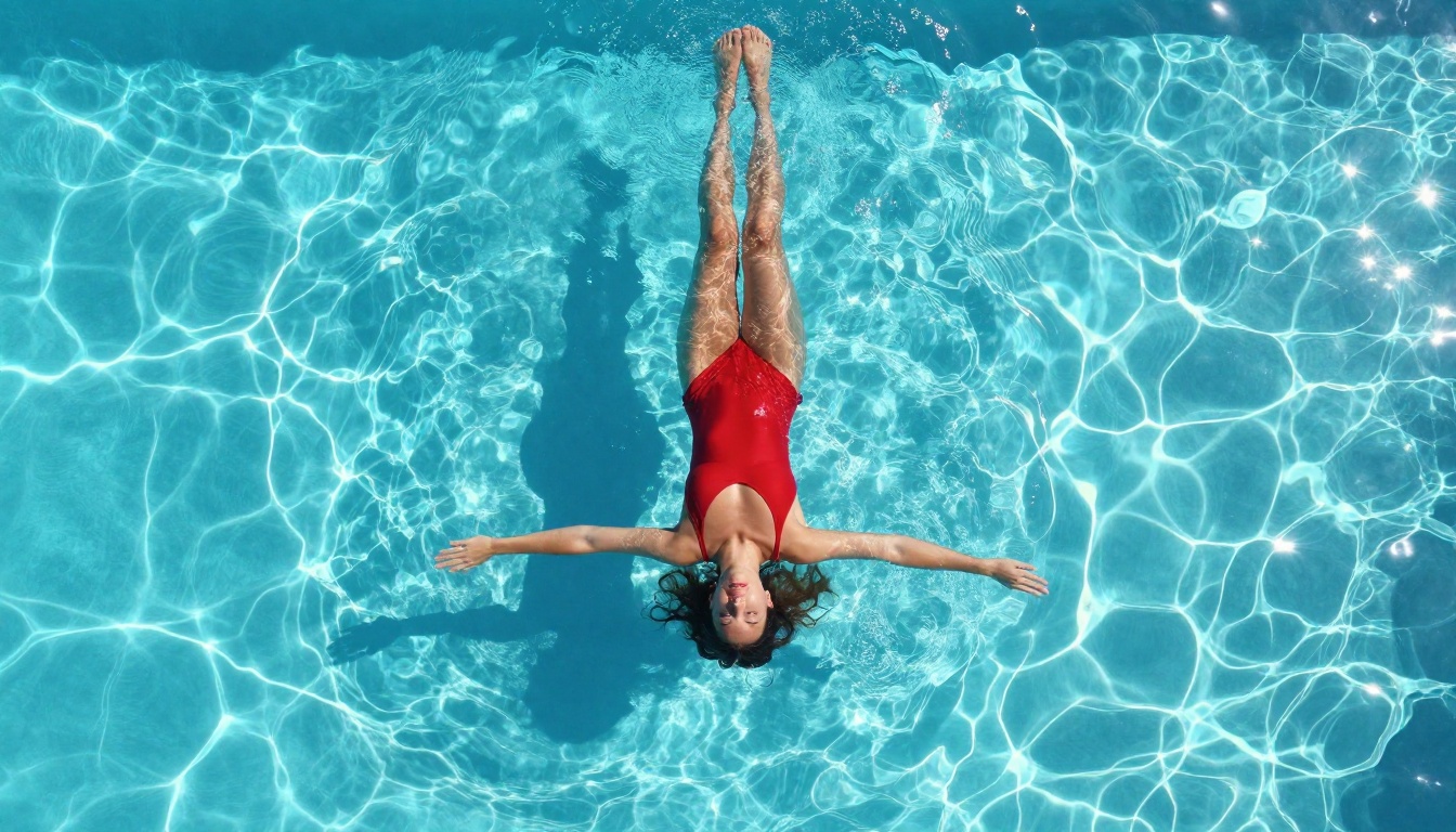 Aerial view of woman in red swimsuit floating in crystal-clear Mediterranean pool Aerial view of woman in red swimsuit floating in crystal-clear Mediterranean pool