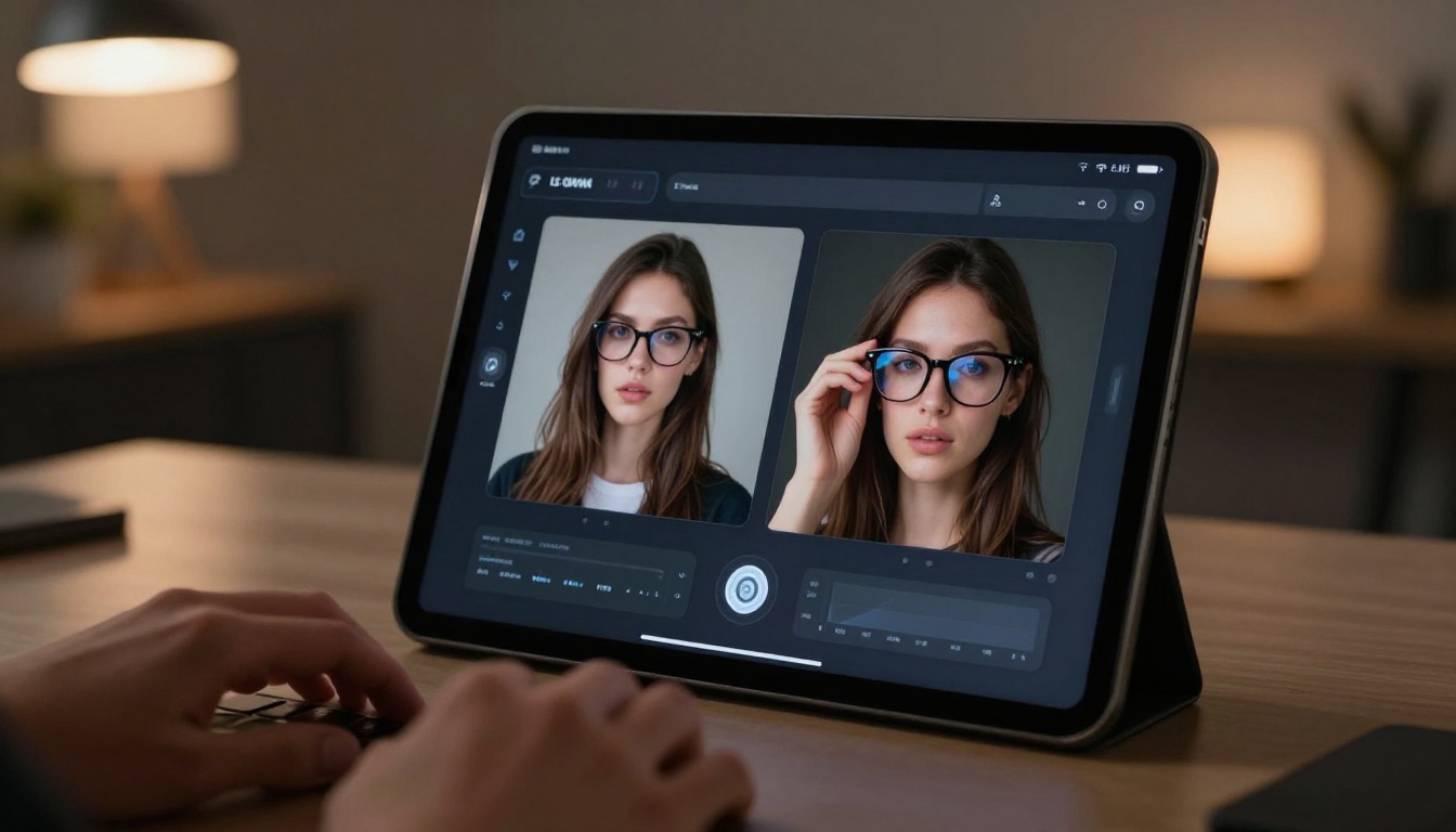 Tablet screen showing AI video interface, dark studio, warm desk lamp glow Tablet screen showing AI video interface, dark studio, warm desk lamp glow