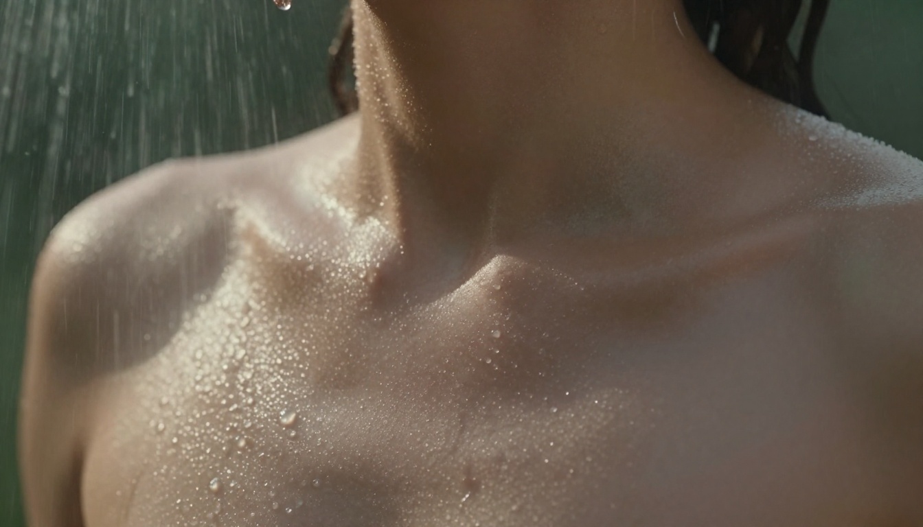 Macro close-up of water droplets on bare shoulders, outdoor shower soft light Macro close-up of water droplets on bare shoulders, outdoor shower soft light