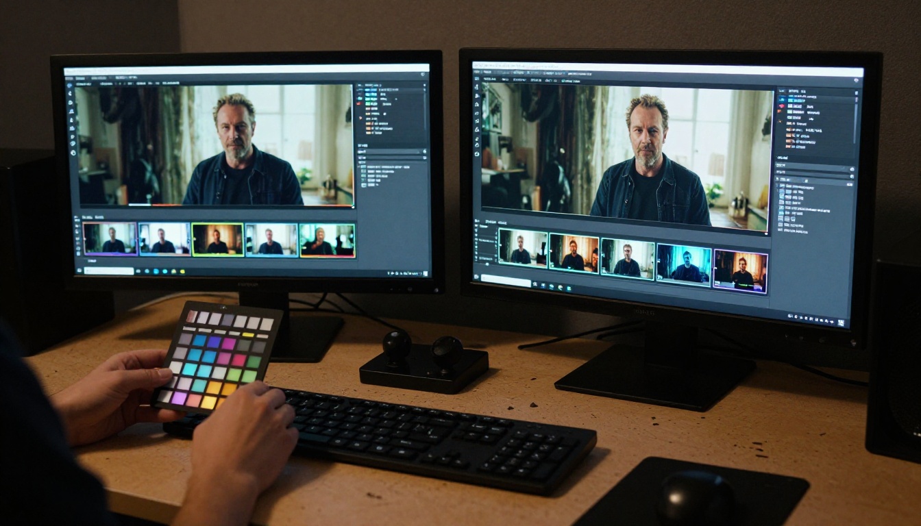 Two professional monitors showing frame-by-frame video comparison in a color grading suite Two professional monitors showing frame-by-frame video comparison in a color grading suite