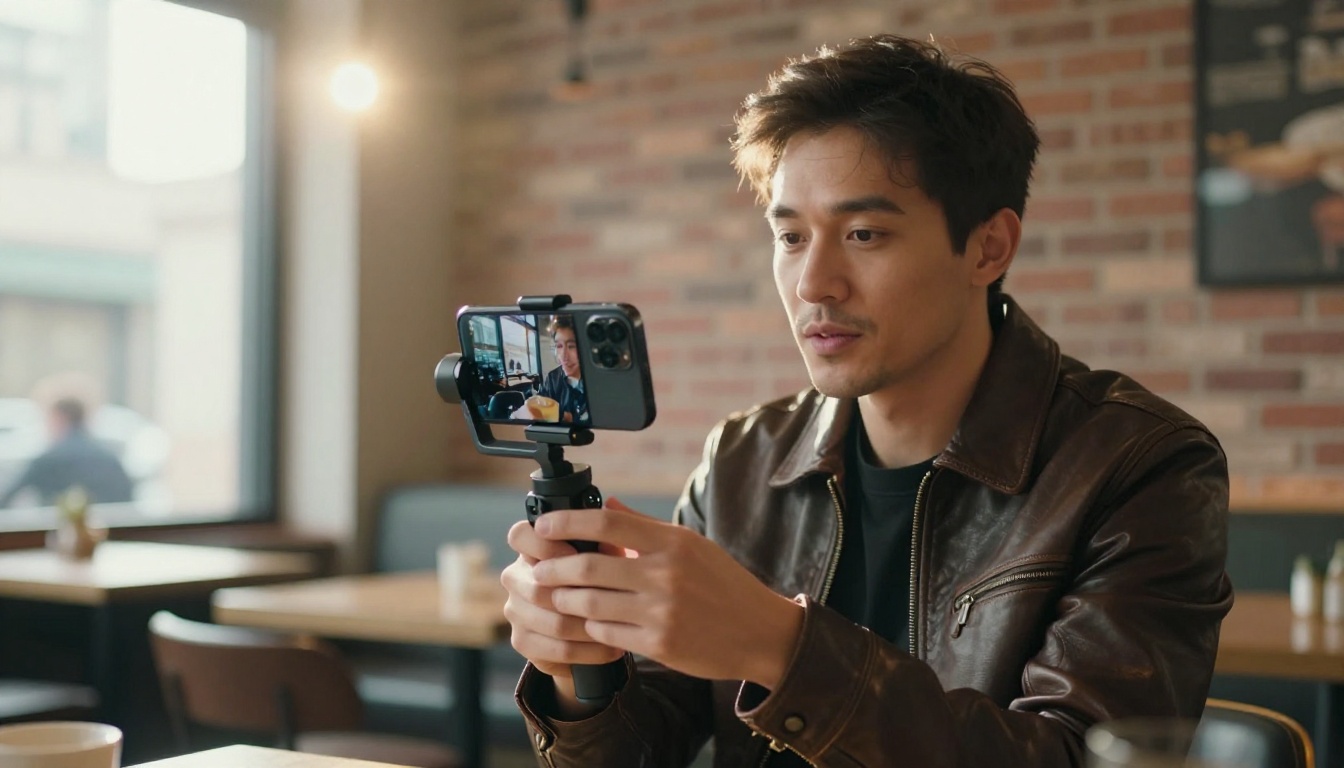 Content creator filming in an urban café environment with a smartphone gimbal Content creator filming in an urban café environment with a smartphone gimbal