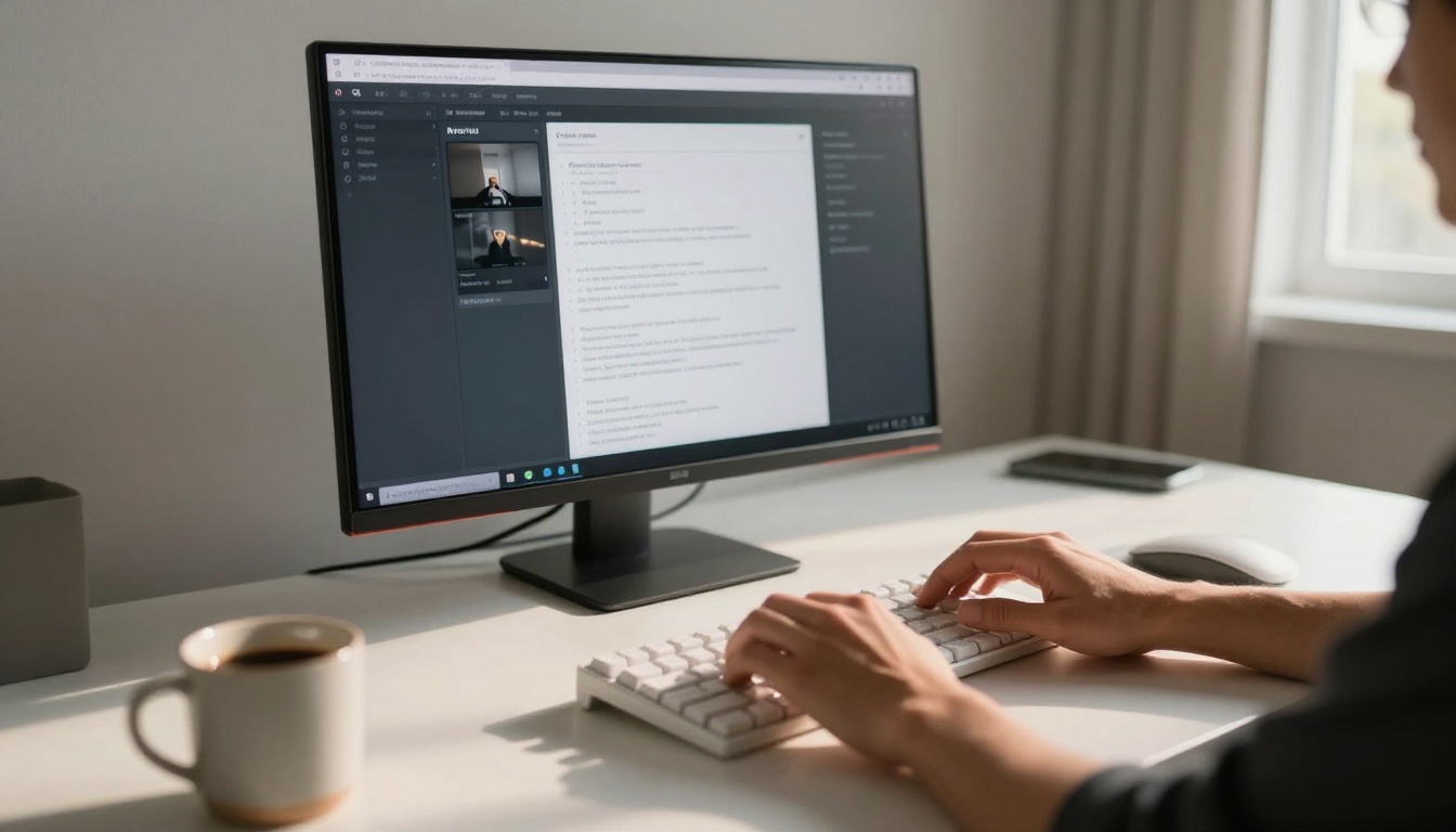 Modern workspace with AI video generation interface on monitor Modern workspace with AI video generation interface on monitor