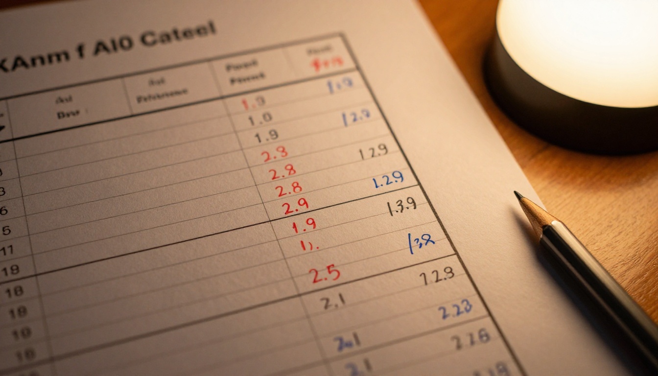 Printed benchmark result sheets with handwritten comparison scores for both AI models Printed benchmark result sheets with handwritten comparison scores for both AI models