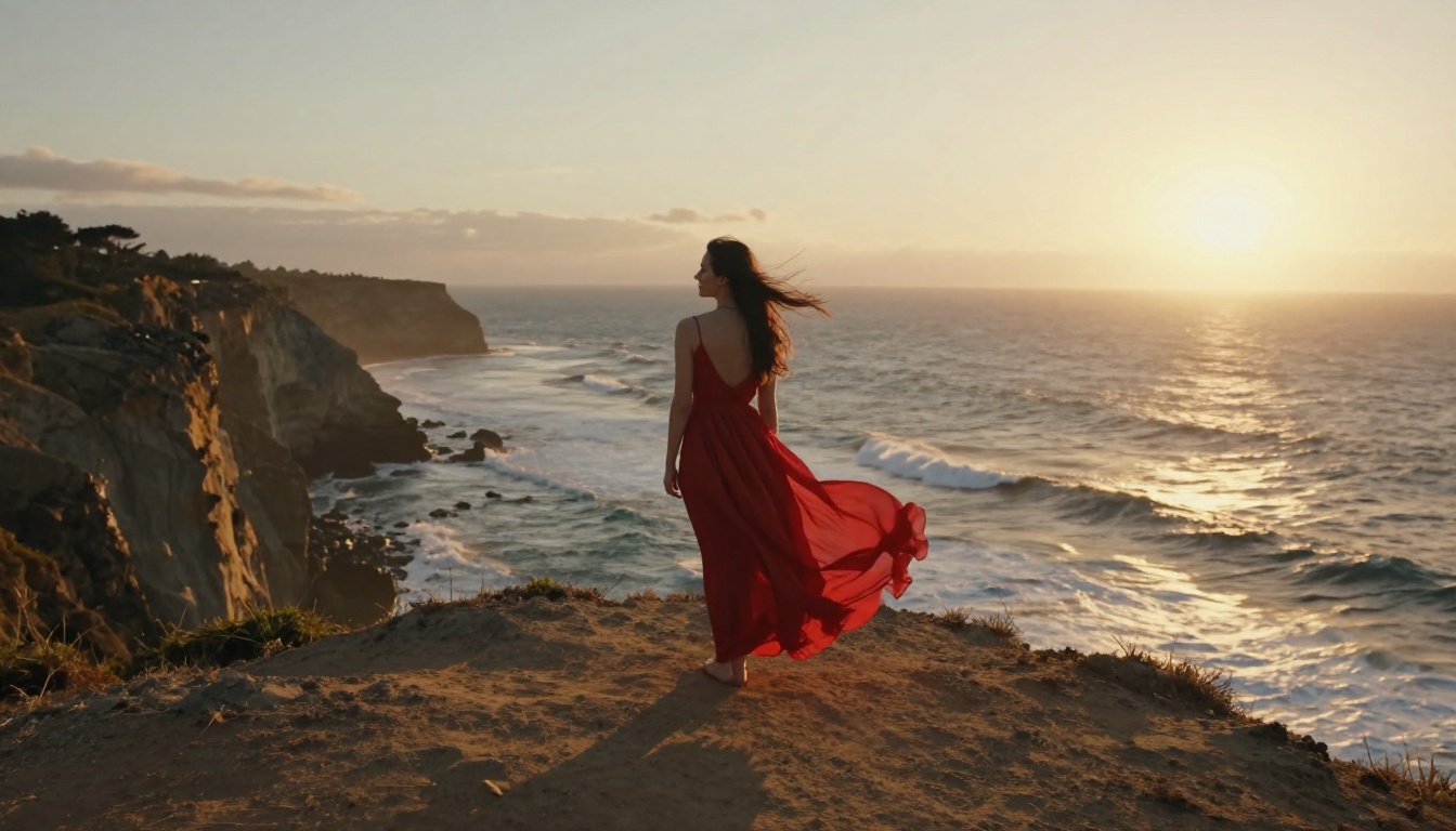 Woman in flowing red dress on seaside cliff at golden hour with ocean in background