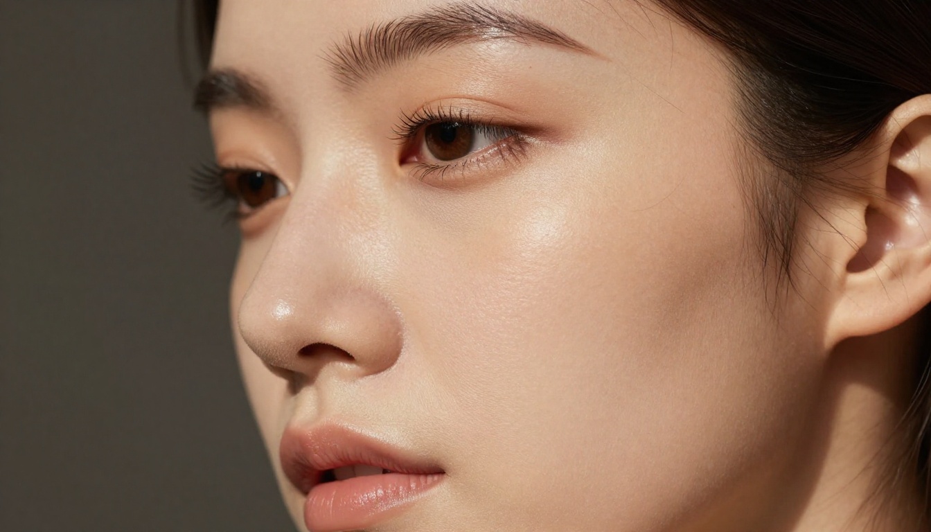 Woman's face in side profile with natural window lighting revealing fine skin texture Woman's face in side profile with natural window lighting revealing fine skin texture