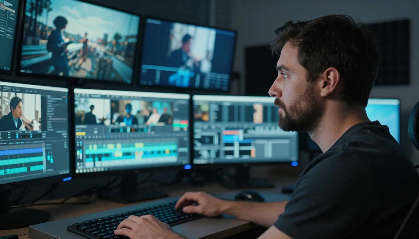 A bearded video colorist reviewing cinema footage on professional broadcast monitors in a dark grading suite A bearded video colorist reviewing cinema footage on professional broadcast monitors in a dark grading suite