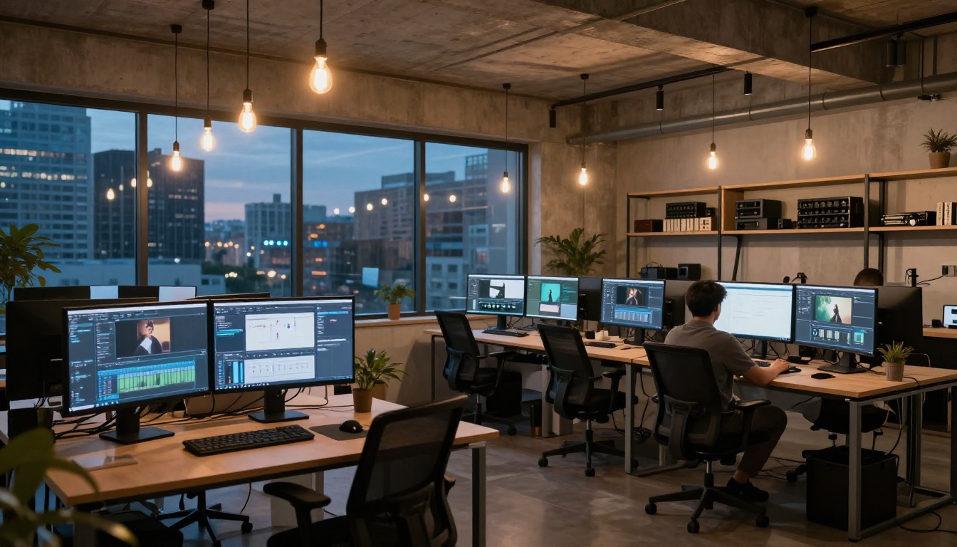 A wide shot of a modern creative office at dusk with ultrawide monitors glowing and a city skyline visible through windows A wide shot of a modern creative office at dusk with ultrawide monitors glowing and a city skyline visible through windows