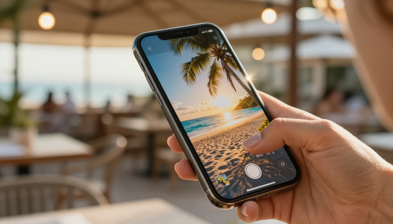 A smartphone held in a woman's hand showing a tropical beach video clip, blurred outdoor cafe terrace visible in the background A smartphone held in a woman's hand showing a tropical beach video clip, blurred outdoor cafe terrace visible in the background