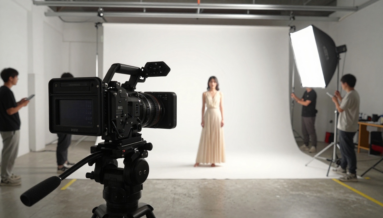 A wide view of a professional video production set with a RED camera on a tripod, female talent in a cream dress, and crew adjusting a large softbox light A wide view of a professional video production set with a RED camera on a tripod, female talent in a cream dress, and crew adjusting a large softbox light