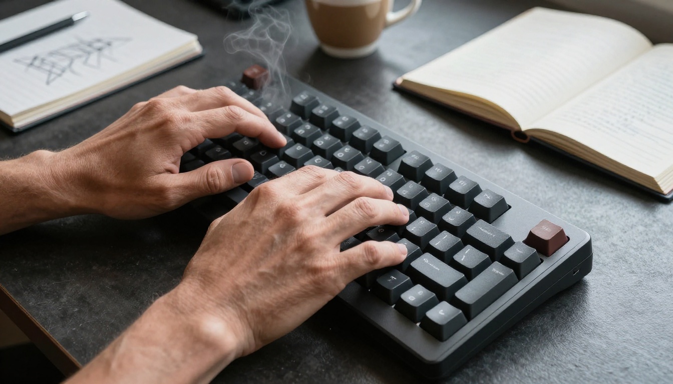 Creative director's hands composing an AI video generation prompt at a keyboard Creative director's hands composing an AI video generation prompt at a keyboard