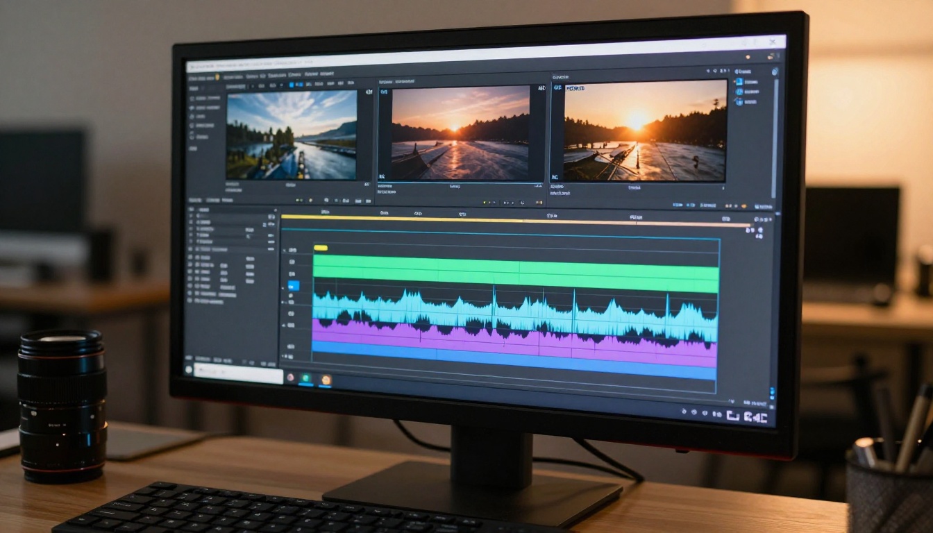 Video editing timeline interface showing AI-generated footage with waveforms Video editing timeline interface showing AI-generated footage with waveforms