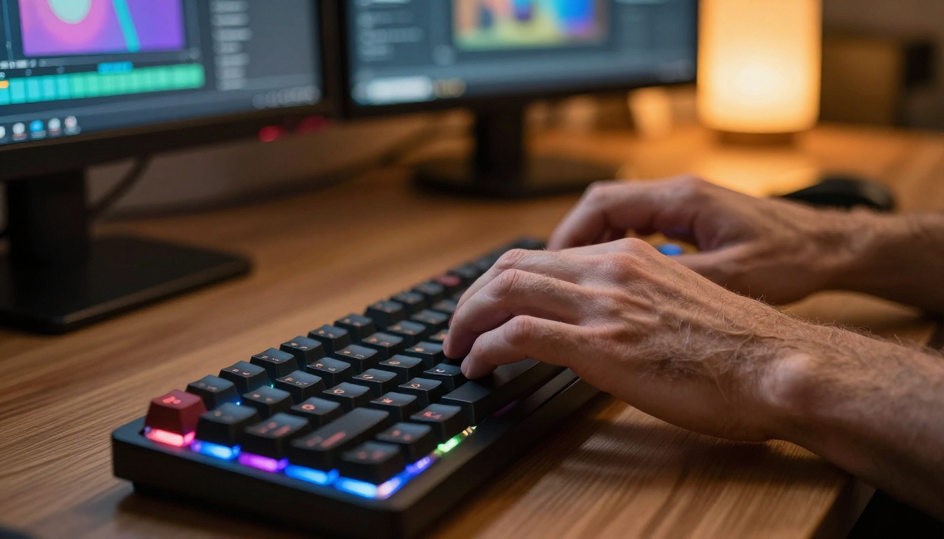 Close-up macro shot of hands typing on a mechanical keyboard with AI video frames on monitors in the background Close-up macro shot of hands typing on a mechanical keyboard with AI video frames on monitors in the background