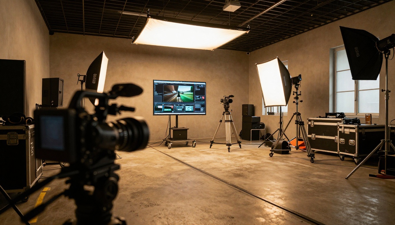 Video production studio floor with monitoring equipment and camera gear Video production studio floor with monitoring equipment and camera gear