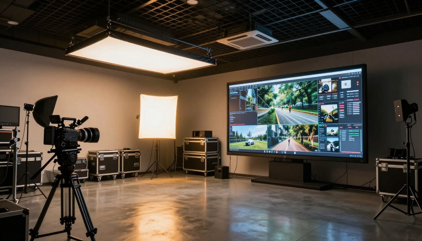 Professional video production studio interior with softbox lighting rigs, cinema cameras on tripods, and production monitors Professional video production studio interior with softbox lighting rigs, cinema cameras on tripods, and production monitors