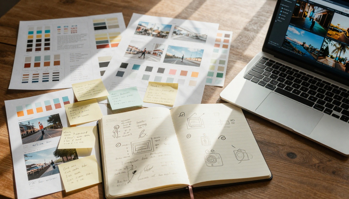 Creative production workspace flat-lay with color grading swatches, storyboard frames, and a laptop showing AI video comparison results Creative production workspace flat-lay with color grading swatches, storyboard frames, and a laptop showing AI video comparison results