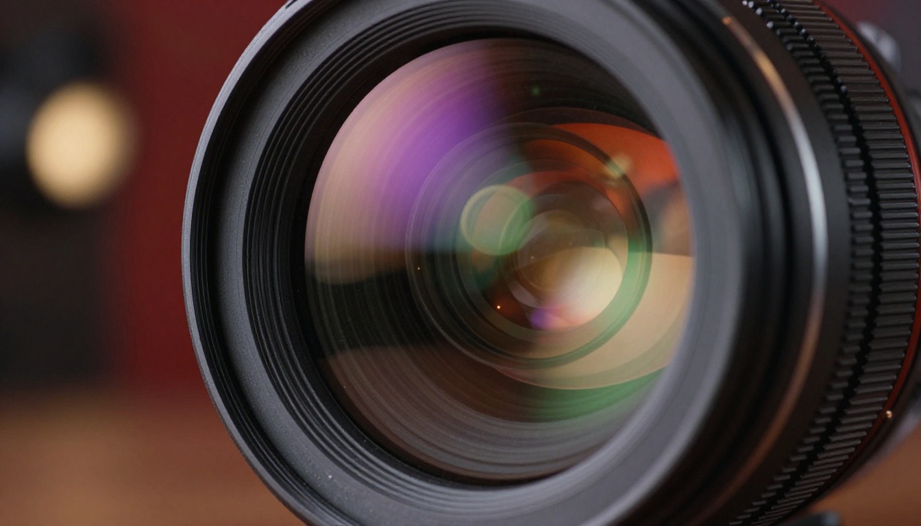 Extreme close-up macro shot of a cinema prime lens reflecting colorful footage in its glass element Extreme close-up macro shot of a cinema prime lens reflecting colorful footage in its glass element