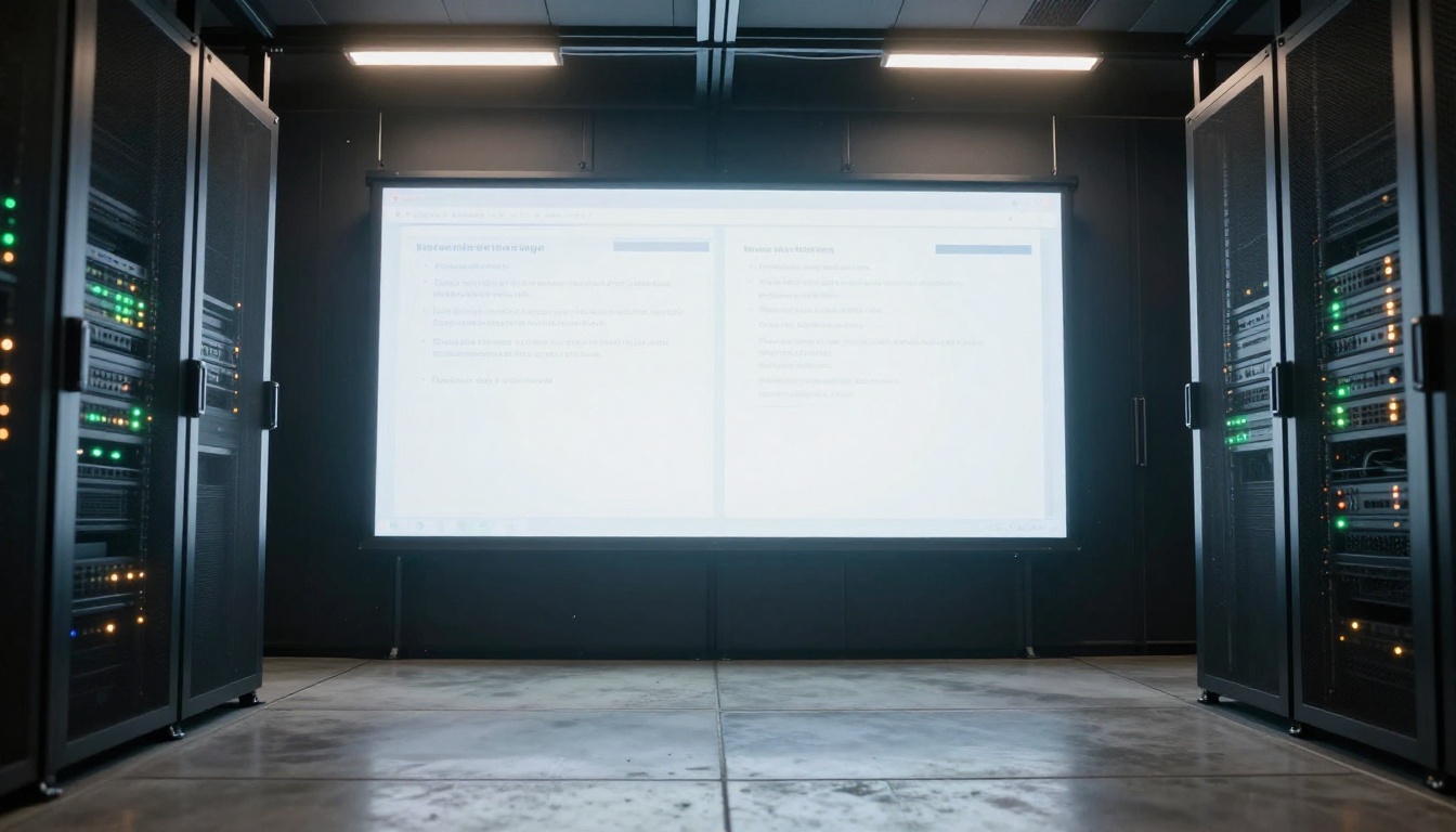 A server room with a wall-mounted monitor showing a dual-column text interface, server racks with blinking LED status lights visible on either side, low-angle cinematic shot A server room with a wall-mounted monitor showing a dual-column text interface, server racks with blinking LED status lights visible on either side, low-angle cinematic shot