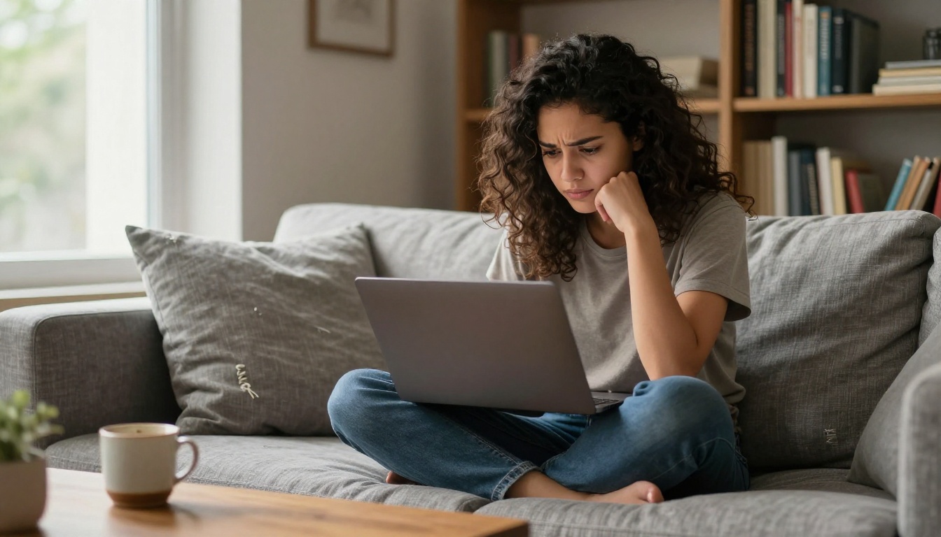 A young woman with curly dark hair sits cross-legged on a linen sofa, laptop balanced on her knees, morning daylight from a window casting soft side-lighting across her face A young woman with curly dark hair sits cross-legged on a linen sofa, laptop balanced on her knees, morning daylight from a window casting soft side-lighting across her face