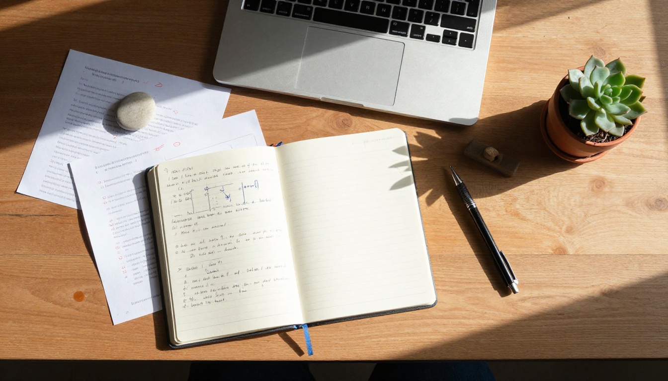 A top-down flat lay of a wooden desk with a notebook, annotated printed pages, laptop, succulent plant, and mechanical pencil, bathed in directional morning light A top-down flat lay of a wooden desk with a notebook, annotated printed pages, laptop, succulent plant, and mechanical pencil, bathed in directional morning light