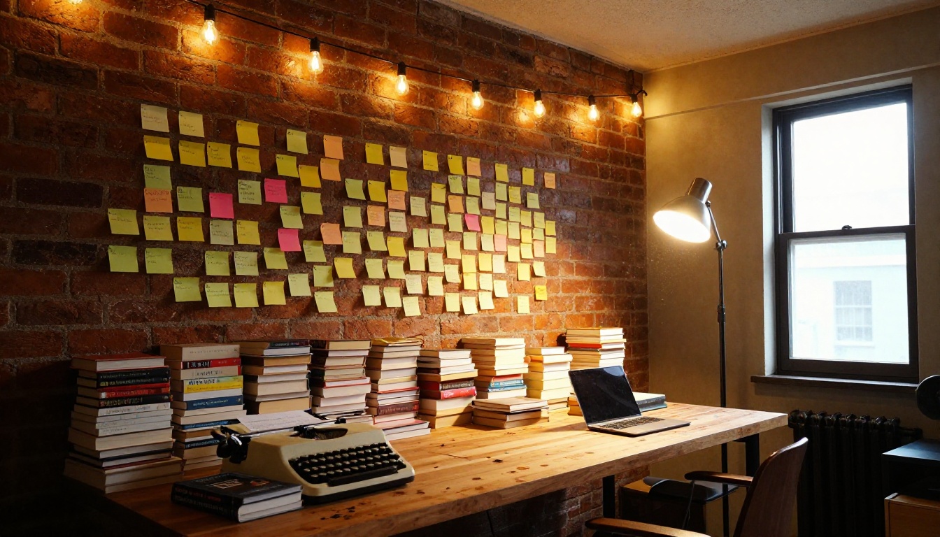 A creative writer's home studio with exposed brick wall, scattered books, sticky notes on the wall, vintage typewriter beside a modern laptop, golden Edison bulb lighting A creative writer's home studio with exposed brick wall, scattered books, sticky notes on the wall, vintage typewriter beside a modern laptop, golden Edison bulb lighting