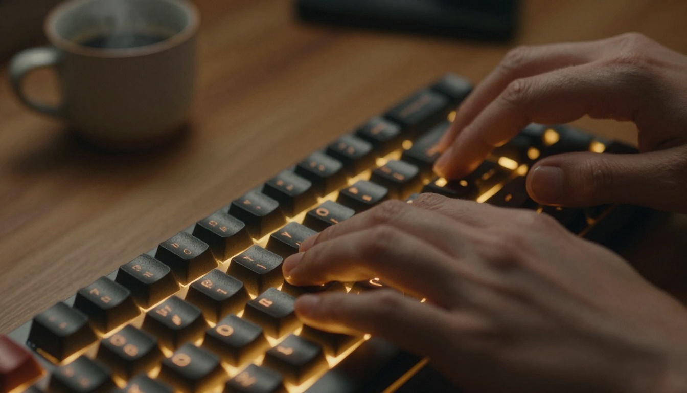 Extreme close-up of hands typing a descriptive AI video prompt on a backlit mechanical keyboard Extreme close-up of hands typing a descriptive AI video prompt on a backlit mechanical keyboard