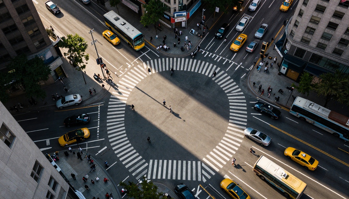 Aerial drone view looking straight down at bustling urban intersection with cars, pedestrians, and long diagonal building shadows Aerial drone view looking straight down at bustling urban intersection with cars, pedestrians, and long diagonal building shadows