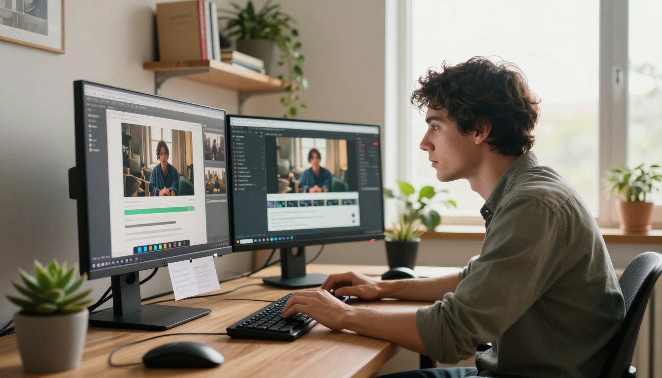 Creative professional at dual-monitor workstation with both AI video platforms open on screens Creative professional at dual-monitor workstation with both AI video platforms open on screens