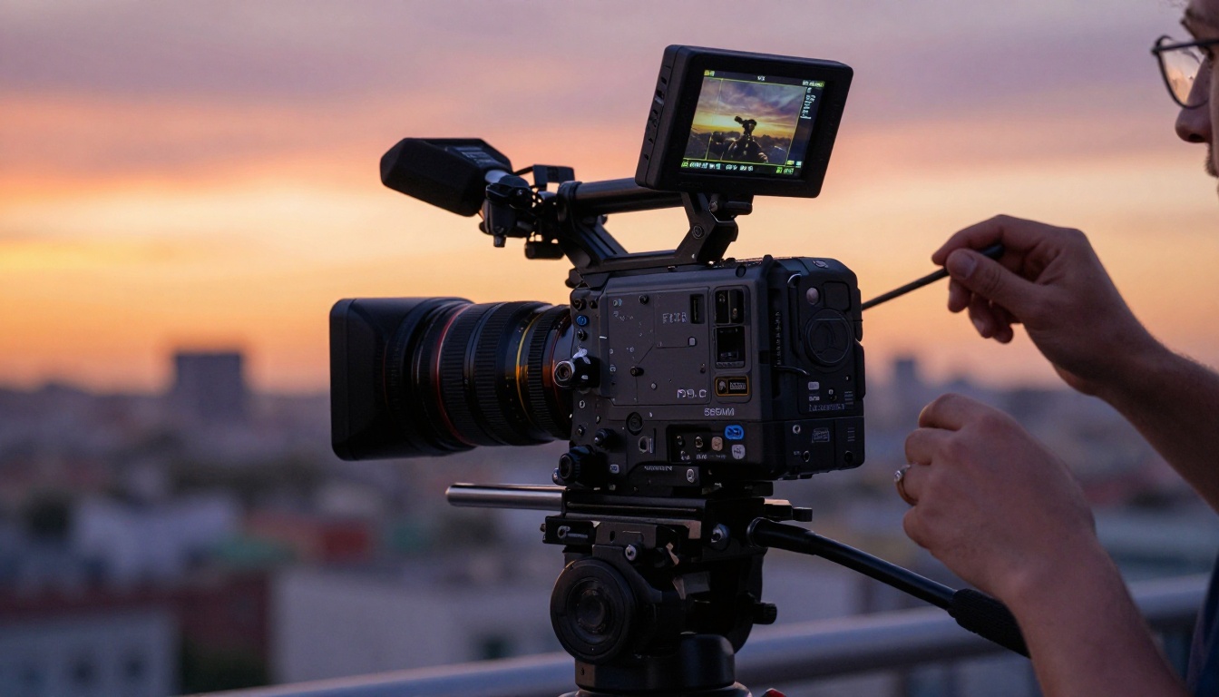 Low-angle shot of cinema camera on tripod at golden hour with crew member's hands adjusting focus Low-angle shot of cinema camera on tripod at golden hour with crew member's hands adjusting focus