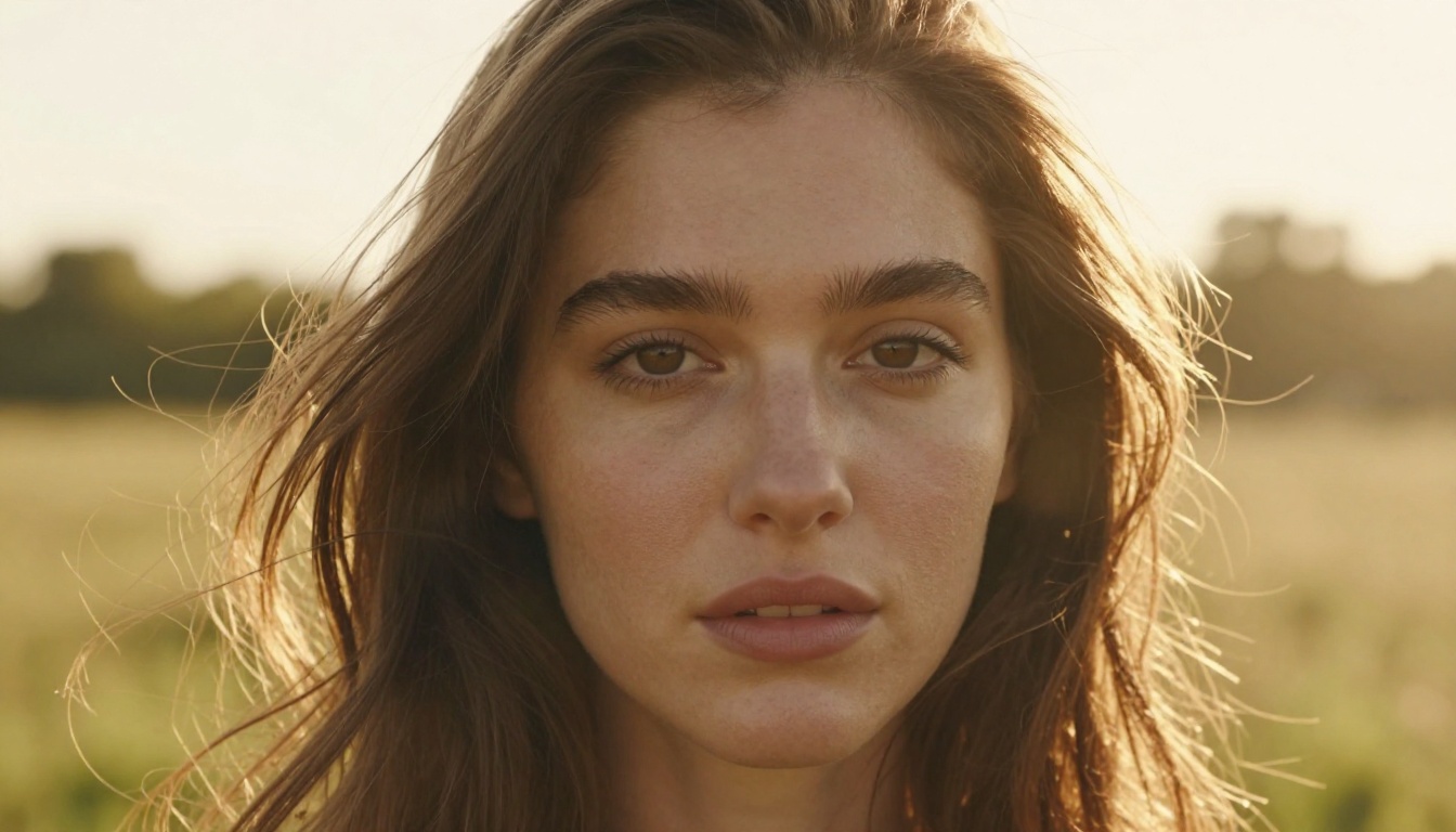 Close-up portrait of woman with windswept hair in golden backlight against summer meadow bokeh