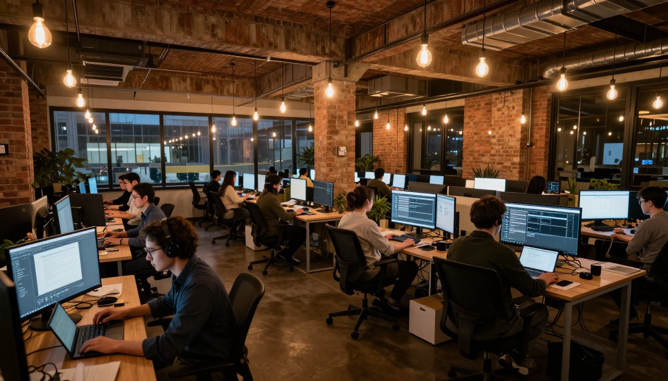 Modern tech startup office with rows of developers working under warm Edison bulb lighting at night