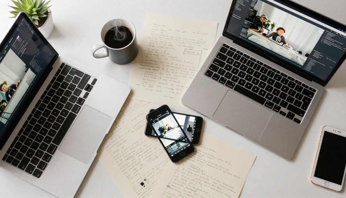 Overhead flat-lay of filmmaker's desk with MacBook, storyboard notes, coffee, and smartphone