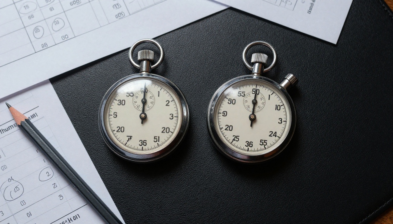 Two vintage stopwatches on leather desk pad with benchmark notes surrounding them