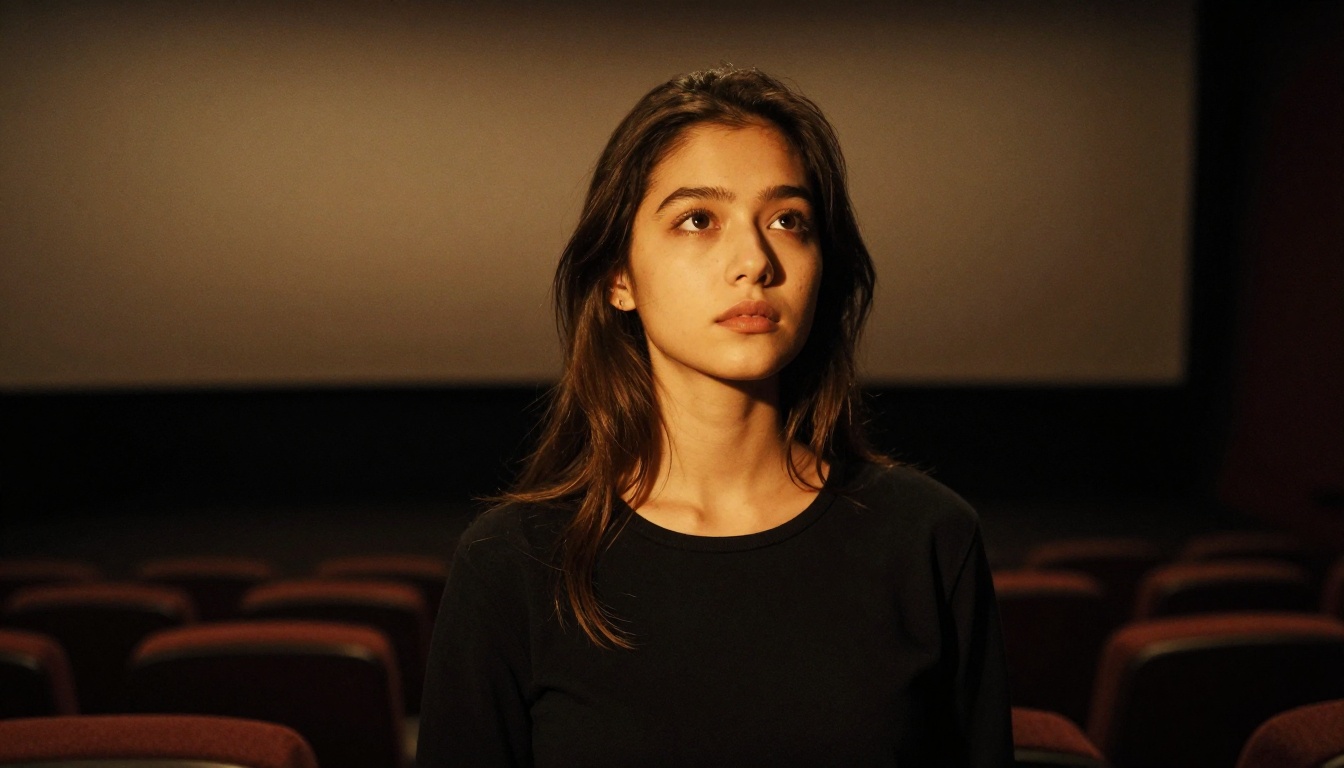Young woman standing before a cinema screen in an empty theater, screen projecting warm golden light onto her face