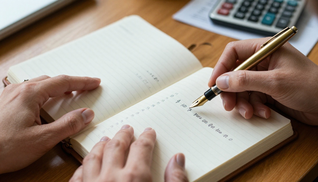 Professional hands holding leather notebook with handwritten pricing calculations