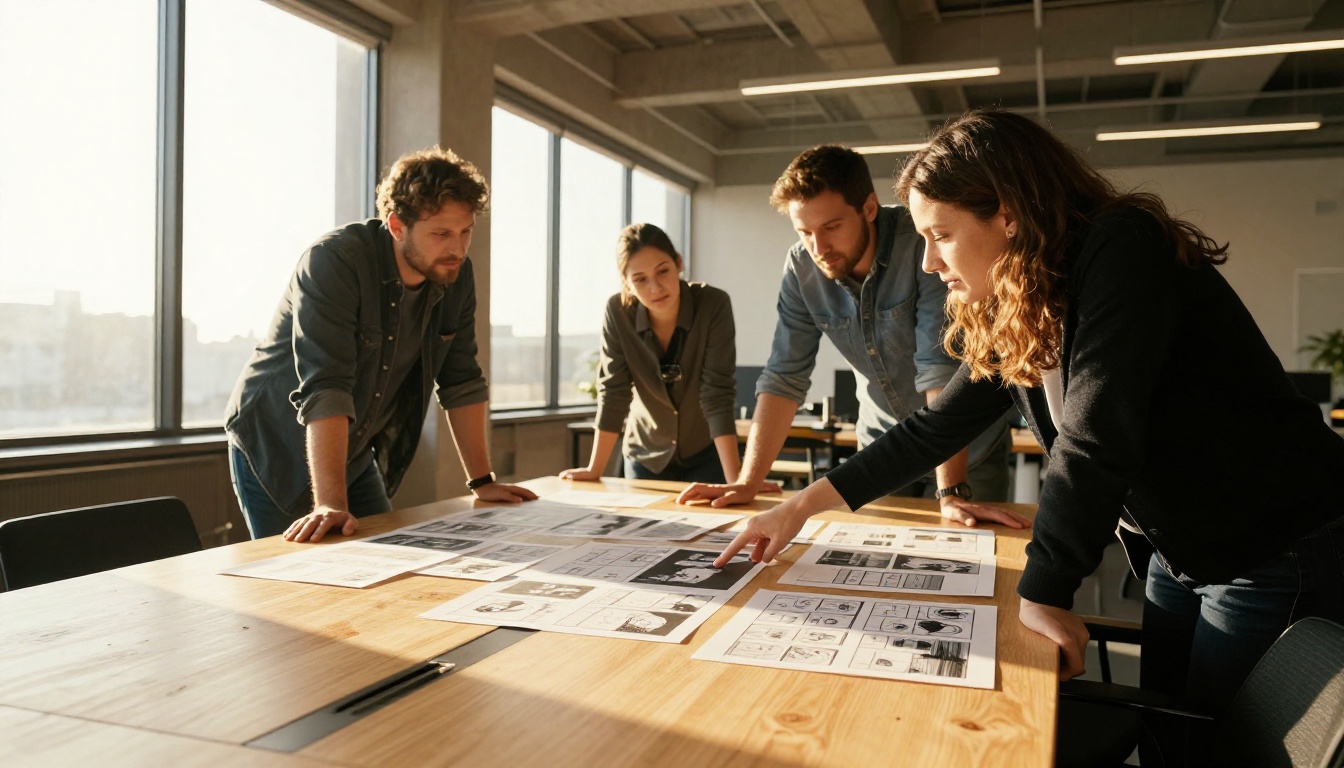 Small creative team reviewing storyboard frames at a conference table with golden light