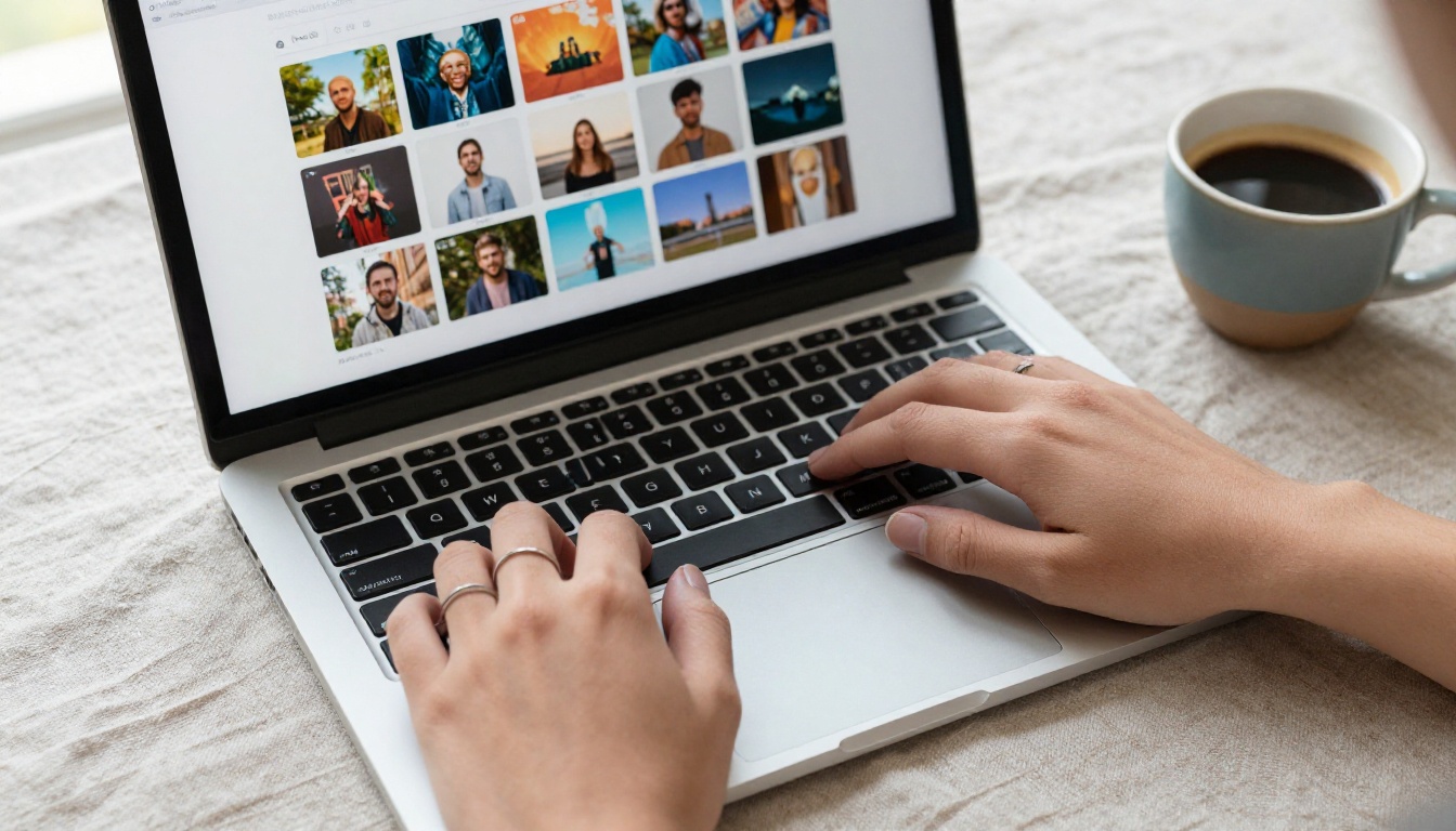 Young woman using laptop with AI creative platform interface visible on screen
