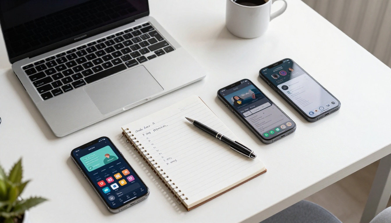 Flat-lay desk with laptop, notepad, and smartphones showing different AI apps Flat-lay desk with laptop, notepad, and smartphones showing different AI apps
