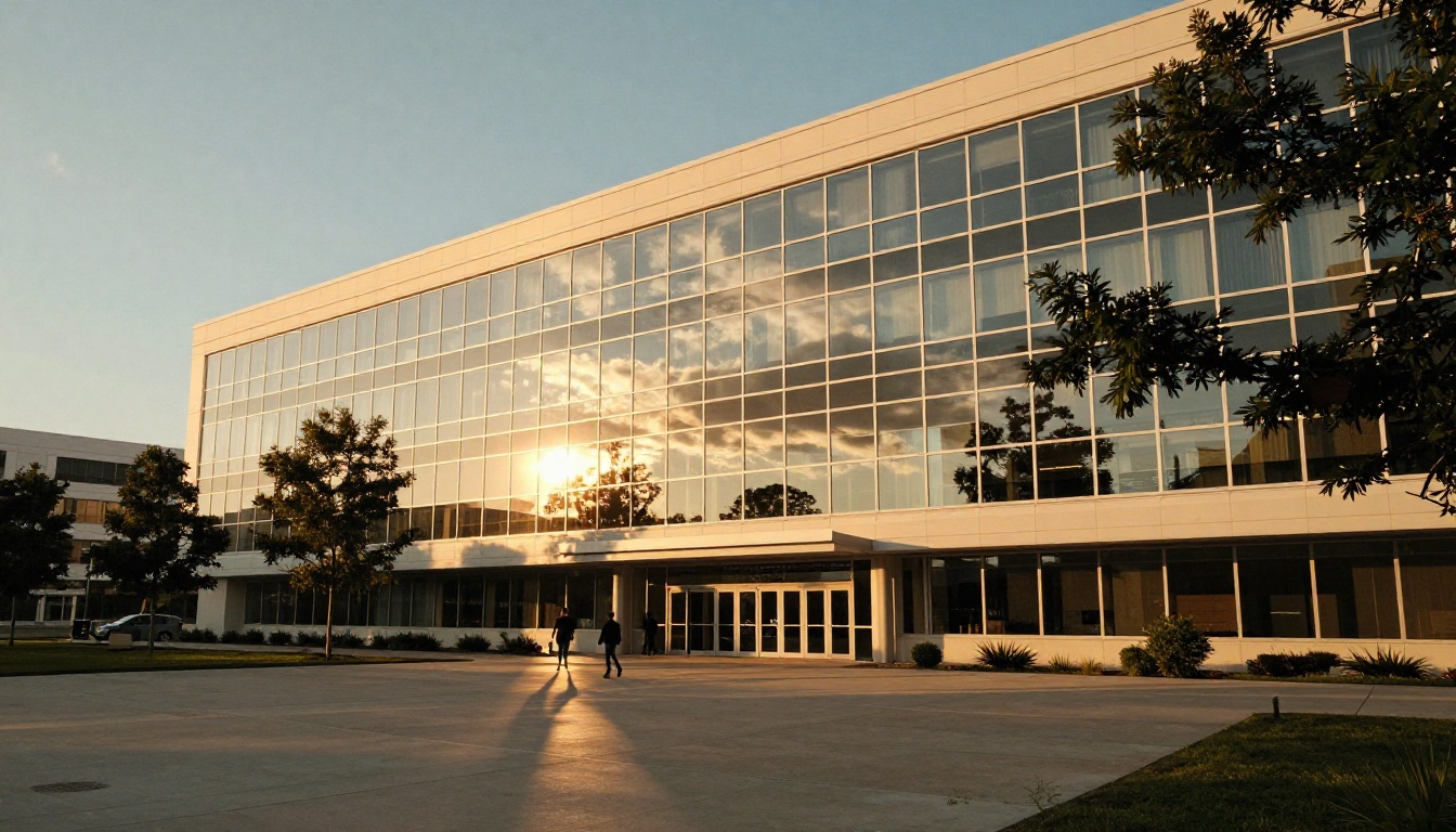 Modern glass-and-steel tech campus building exterior at golden hour Modern glass-and-steel tech campus building exterior at golden hour
