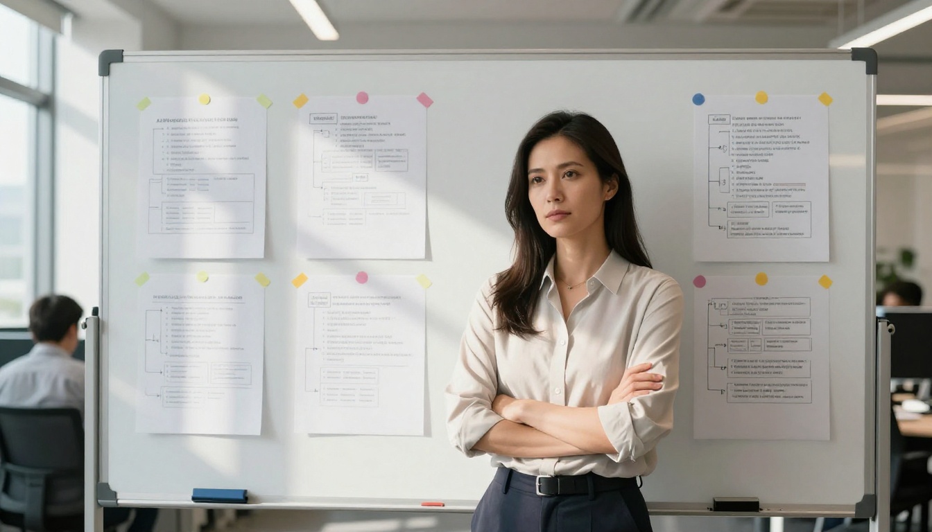Female researcher standing at a whiteboard covered in AI content policy diagrams Female researcher standing at a whiteboard covered in AI content policy diagrams