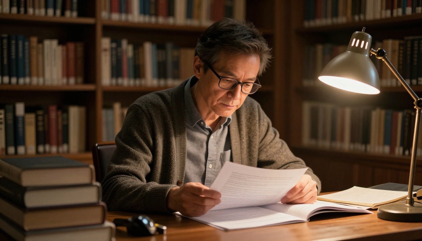 Researcher reading printed AI output papers at library desk with warm lamp light