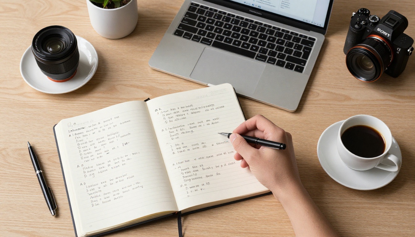 Minimalist desk flatlay with notebook comparing AI models and laptop displaying code