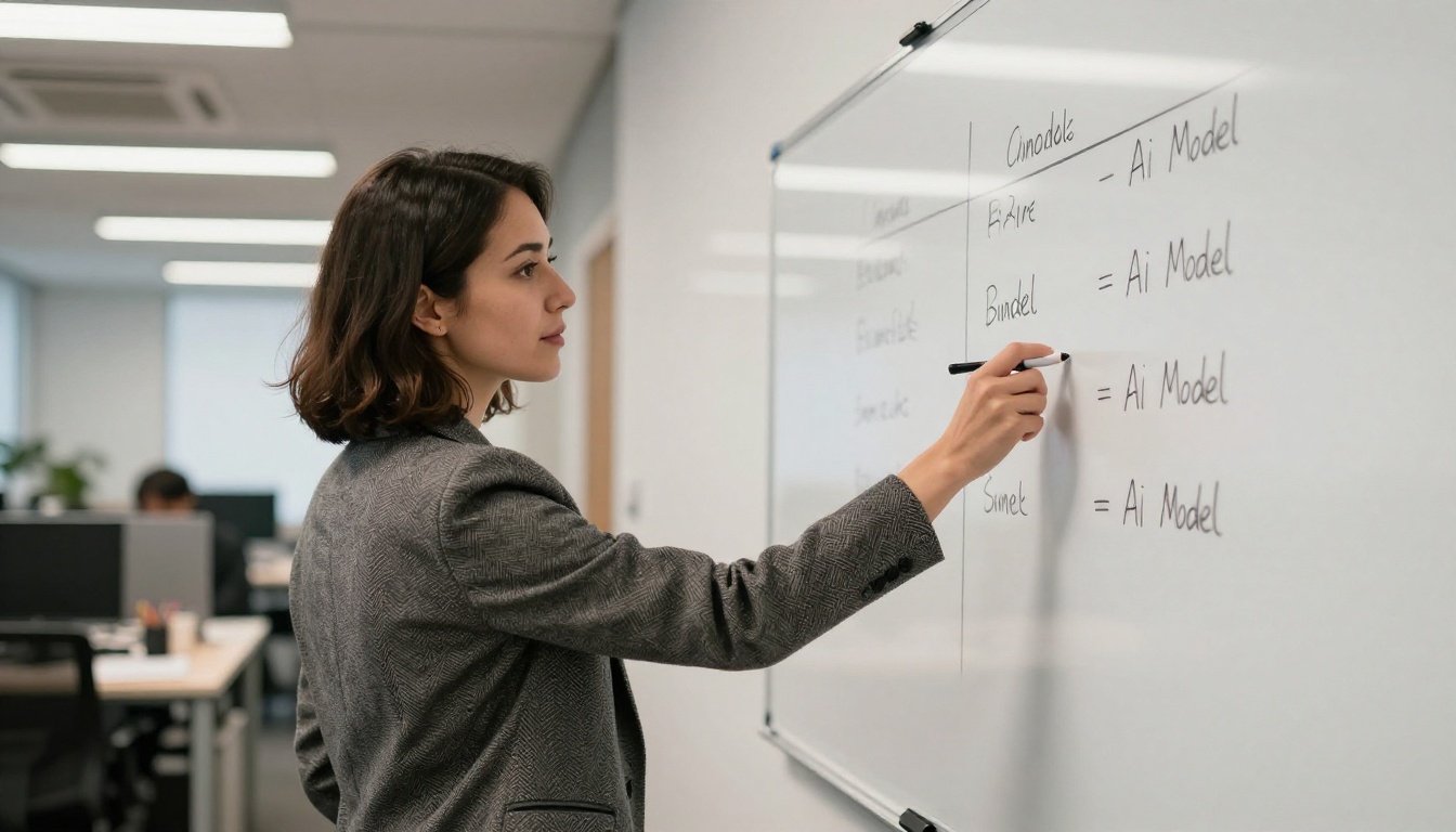 Product manager at whiteboard pointing at AI model comparison matrix in modern office