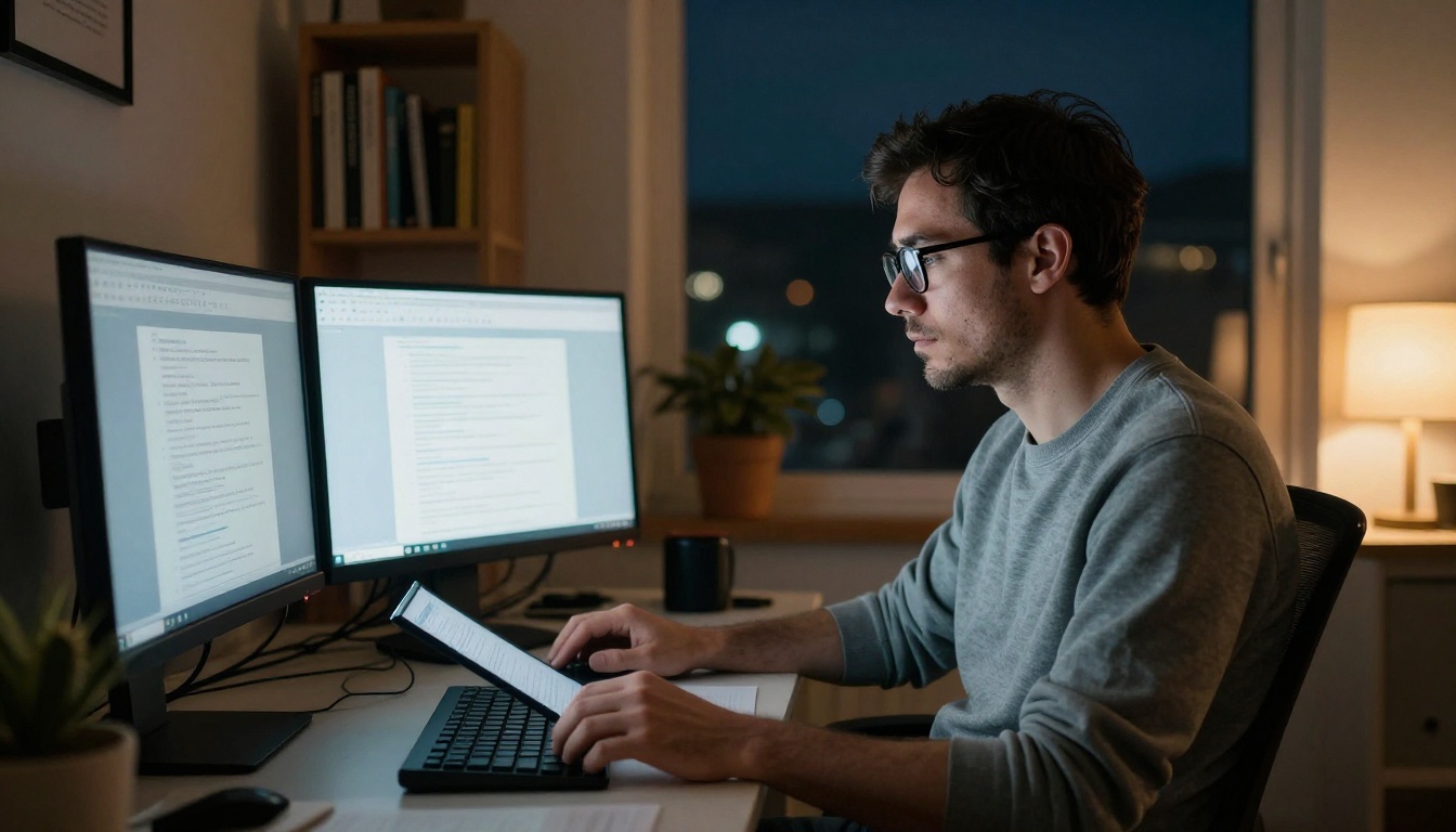 Developer reading long documents on dual monitors in a dimly lit home office at night Developer reading long documents on dual monitors in a dimly lit home office at night