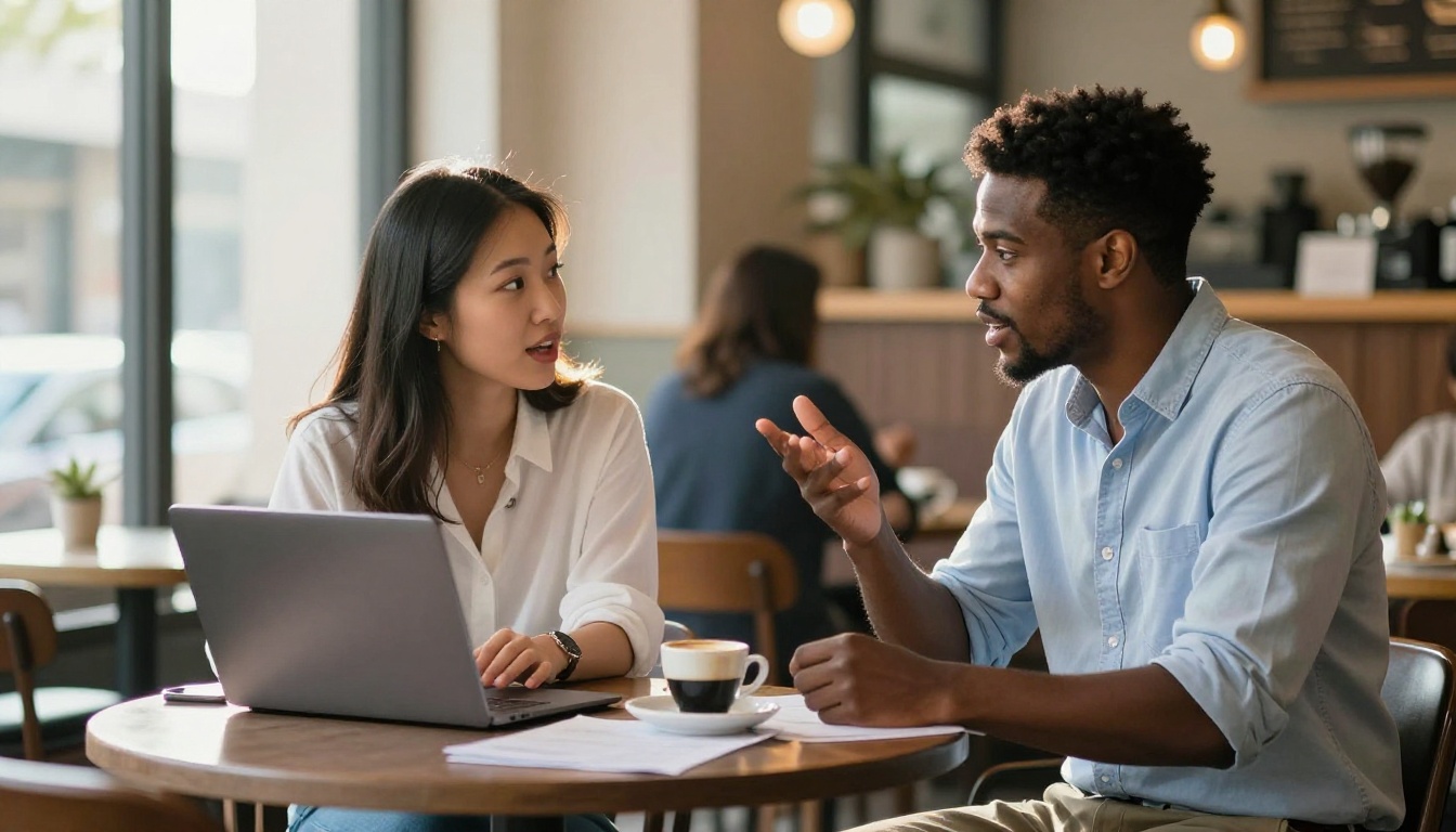 Two professionals comparing AI outputs on laptops at a cafe table Two professionals comparing AI outputs on laptops at a cafe table