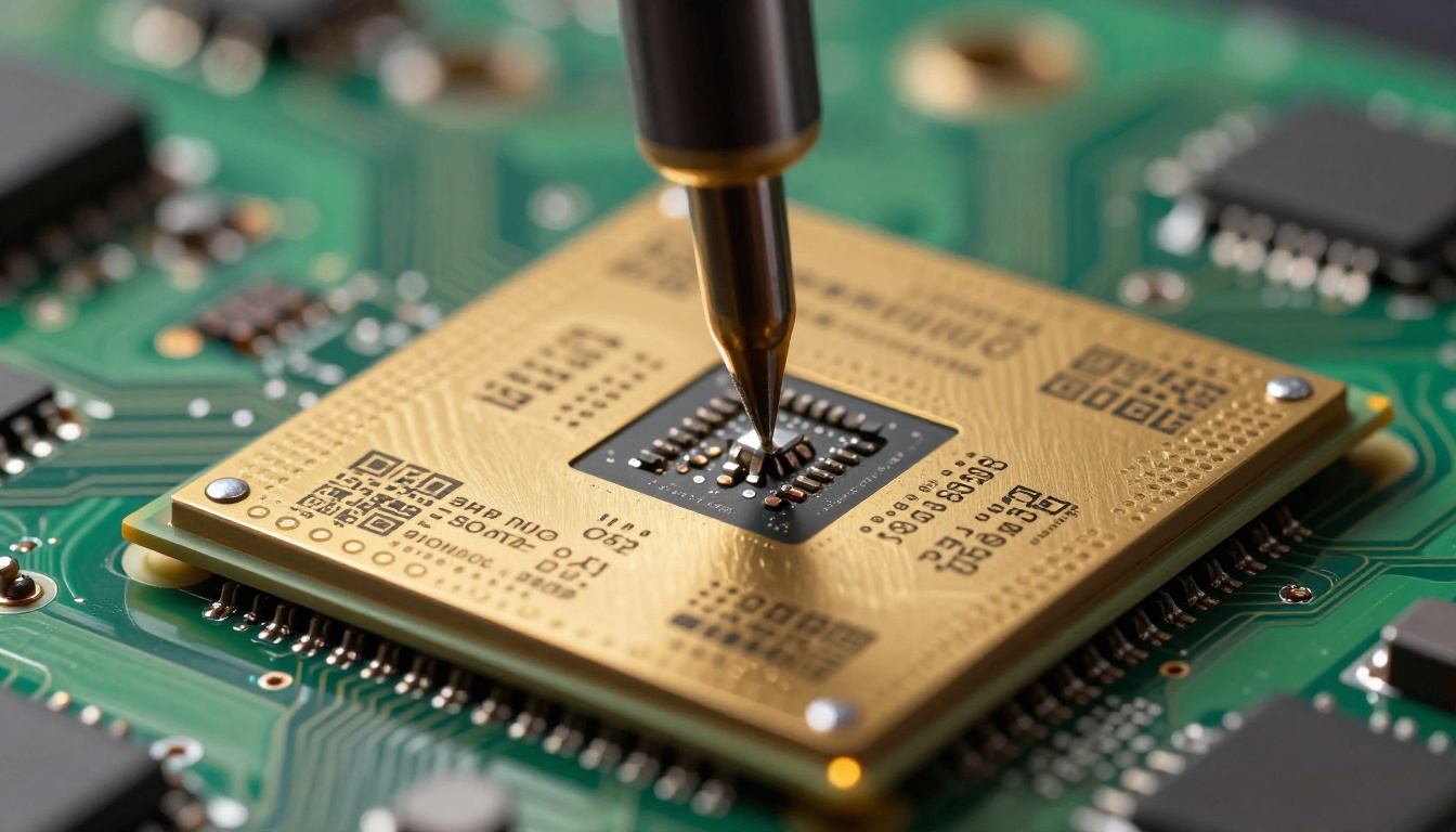 Extreme macro close-up of a processor chip on a motherboard with golden copper traces Extreme macro close-up of a processor chip on a motherboard with golden copper traces