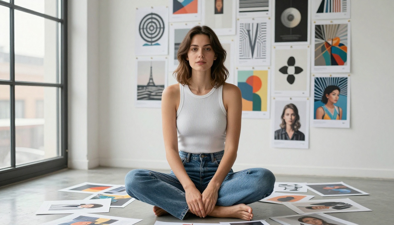 A creative woman in an art studio surrounded by printed AI artworks on the walls