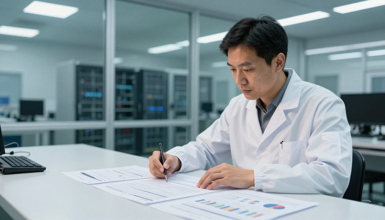Professional engineer in a clean room reviewing printed performance reports on a white table with glass server room visible behind Professional engineer in a clean room reviewing printed performance reports on a white table with glass server room visible behind
