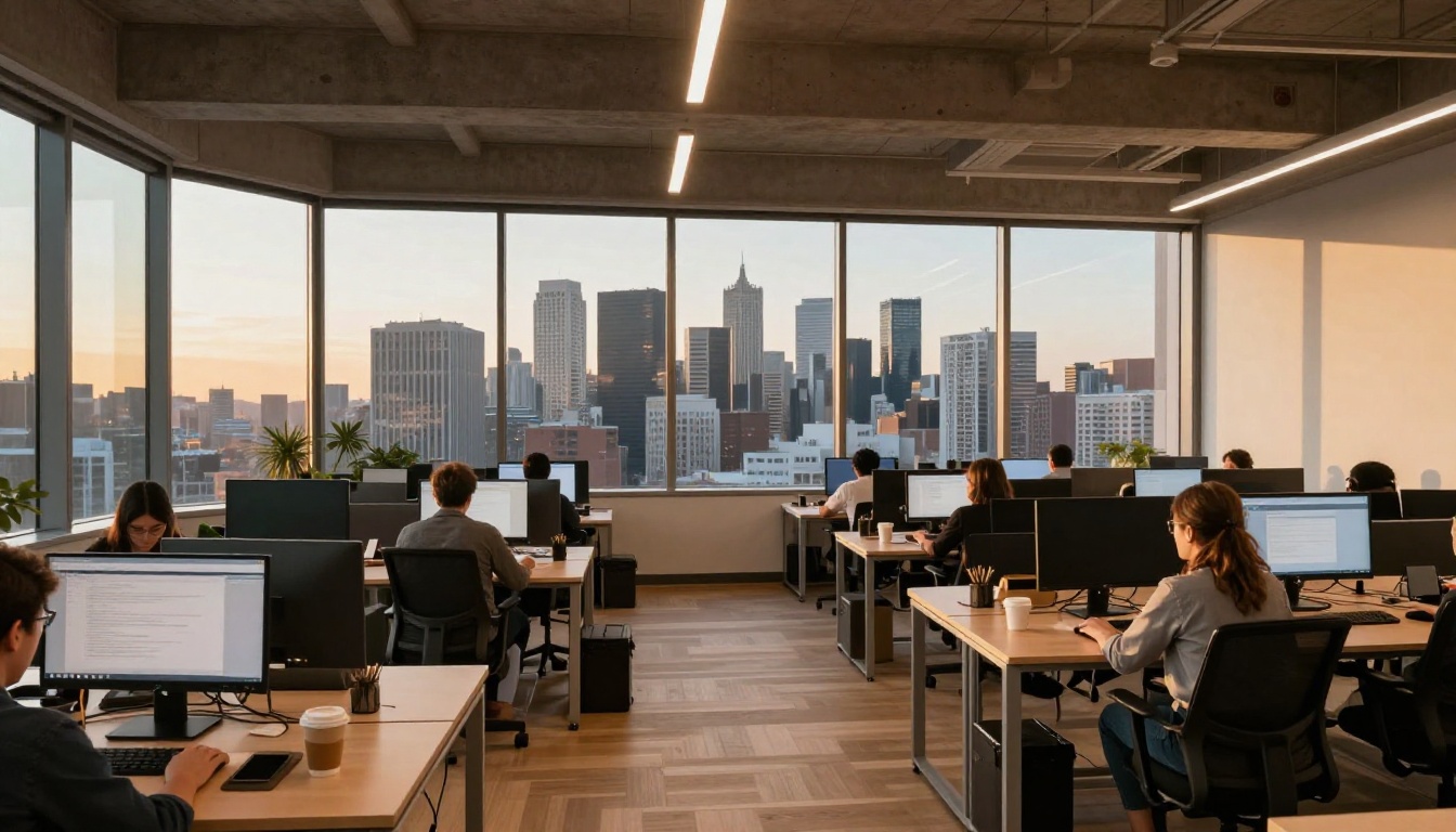 Wide shot of a modern tech office at dusk with golden hour light through floor-to-ceiling windows, professionals at workstations Wide shot of a modern tech office at dusk with golden hour light through floor-to-ceiling windows, professionals at workstations
