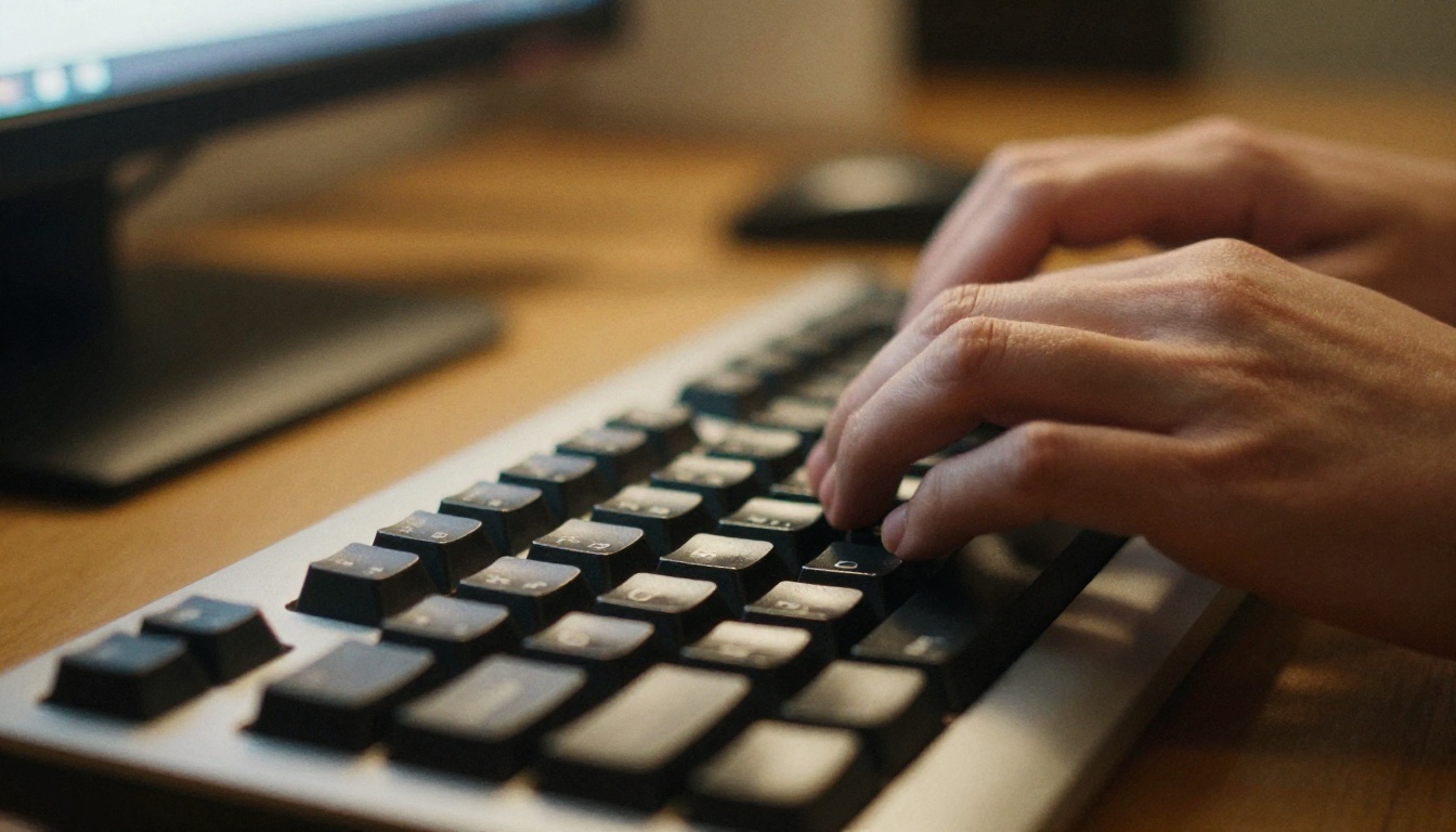 Person's hands typing rapidly on a mechanical keyboard, fingers slightly blurred, warm desk lamp light from upper left Person's hands typing rapidly on a mechanical keyboard, fingers slightly blurred, warm desk lamp light from upper left