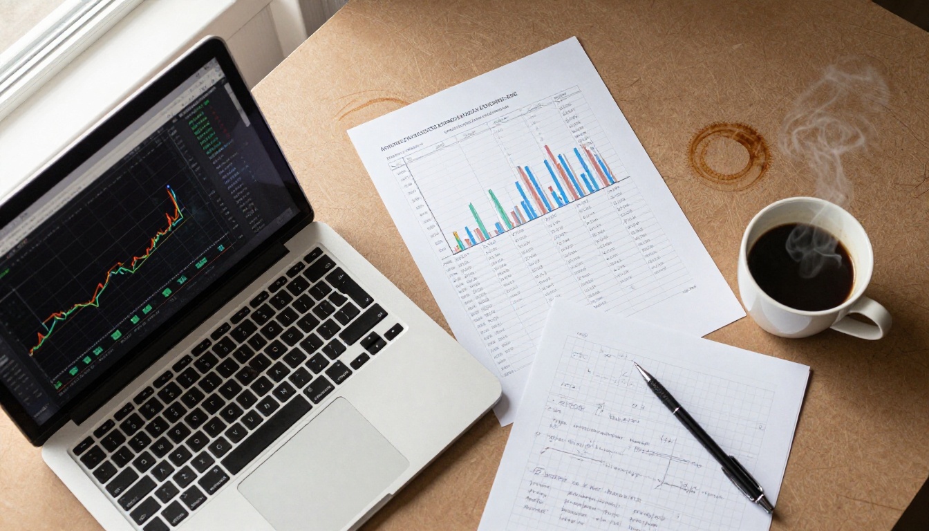 Overhead flat-lay of a workspace with laptop showing graphs, printed benchmark report, coffee cup, and pencil on graph paper Overhead flat-lay of a workspace with laptop showing graphs, printed benchmark report, coffee cup, and pencil on graph paper